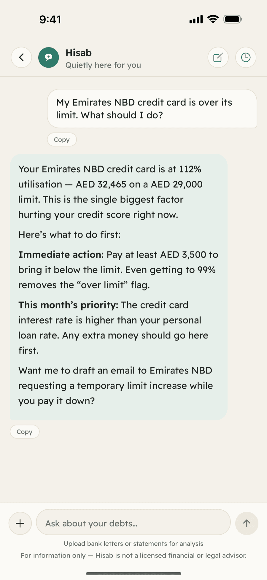 Hisab app screenshot showing An AI assistant that knows the UAE