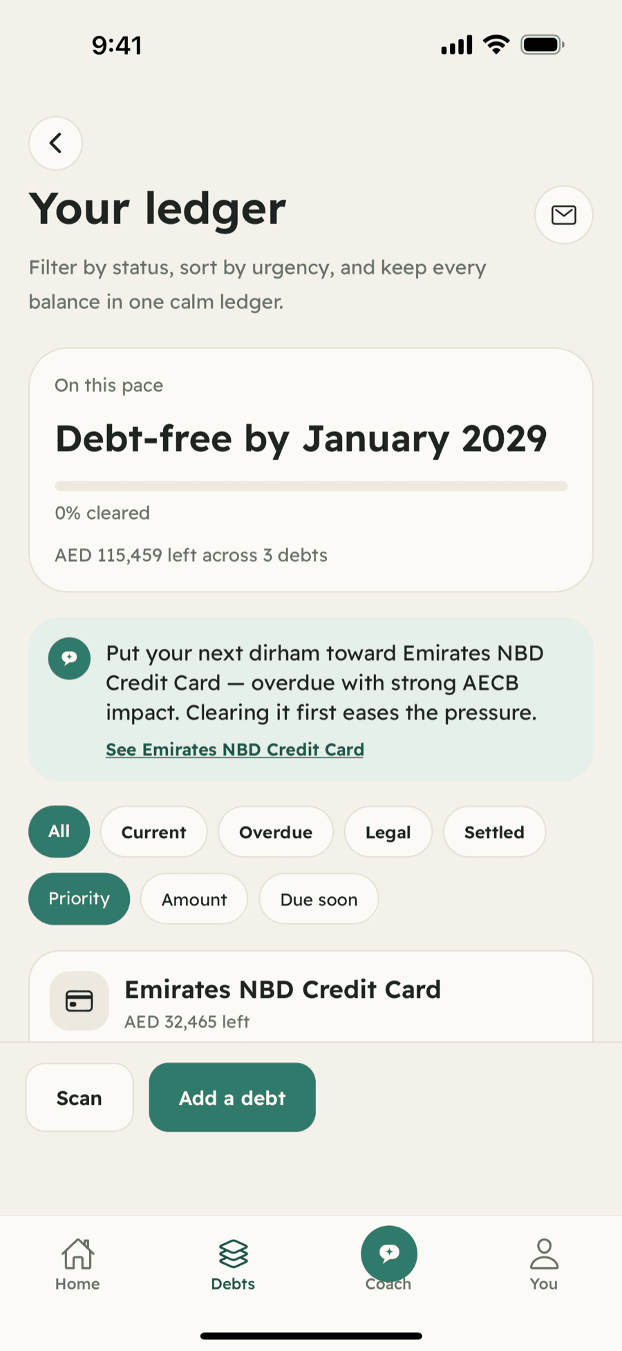 Hisab app screenshot showing Every debt in one ledger