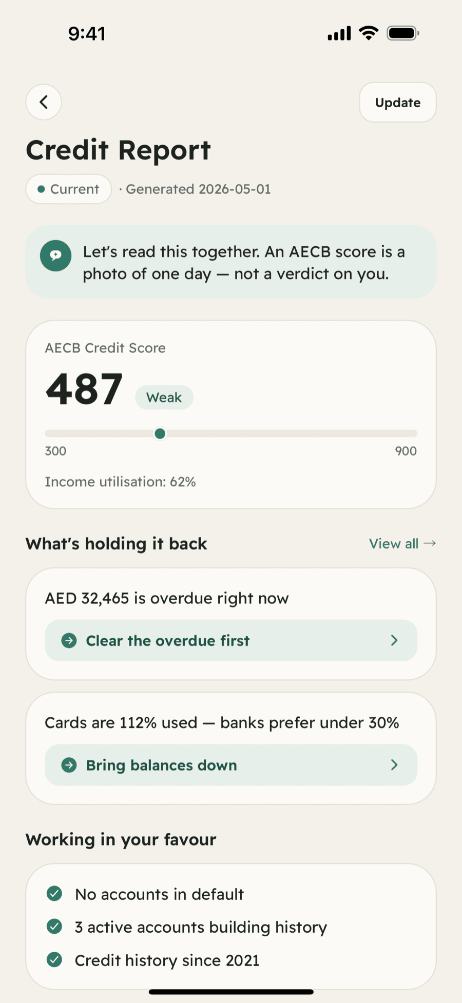 Hisab app screenshot showing Your Etihad Credit Bureau report, decoded