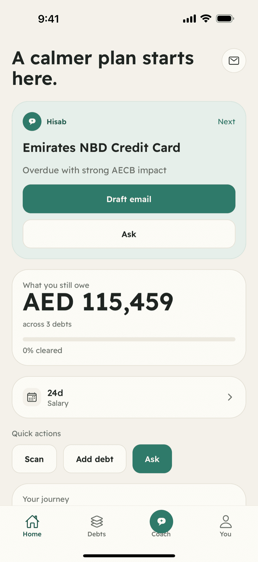 Hisab Home screen showing what you still owe, your next action, and quick actions