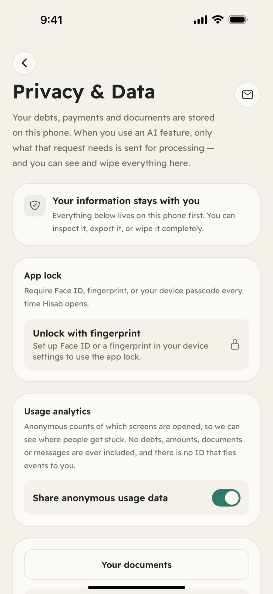 Hisab app screenshot showing Your records stay on your phone